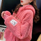 Autumn and Winter 2021 Plus Velvet Thick Loose Hooded Pullover Faux Lamb Wool Sweater Women Mid-length Top