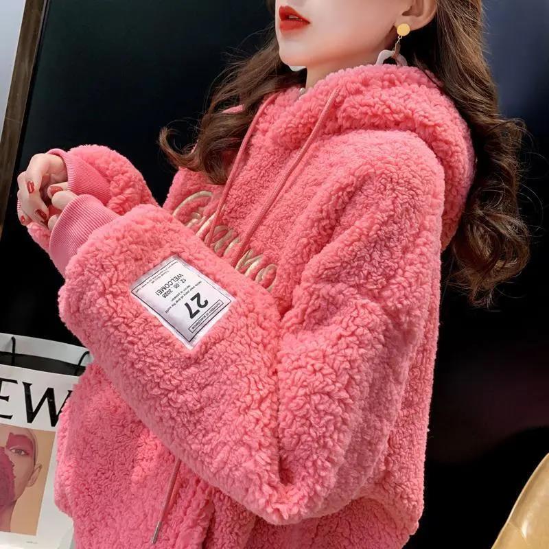 Autumn and Winter 2021 Plus Velvet Thick Loose Hooded Pullover Faux Lamb Wool Sweater Women Mid-length Top