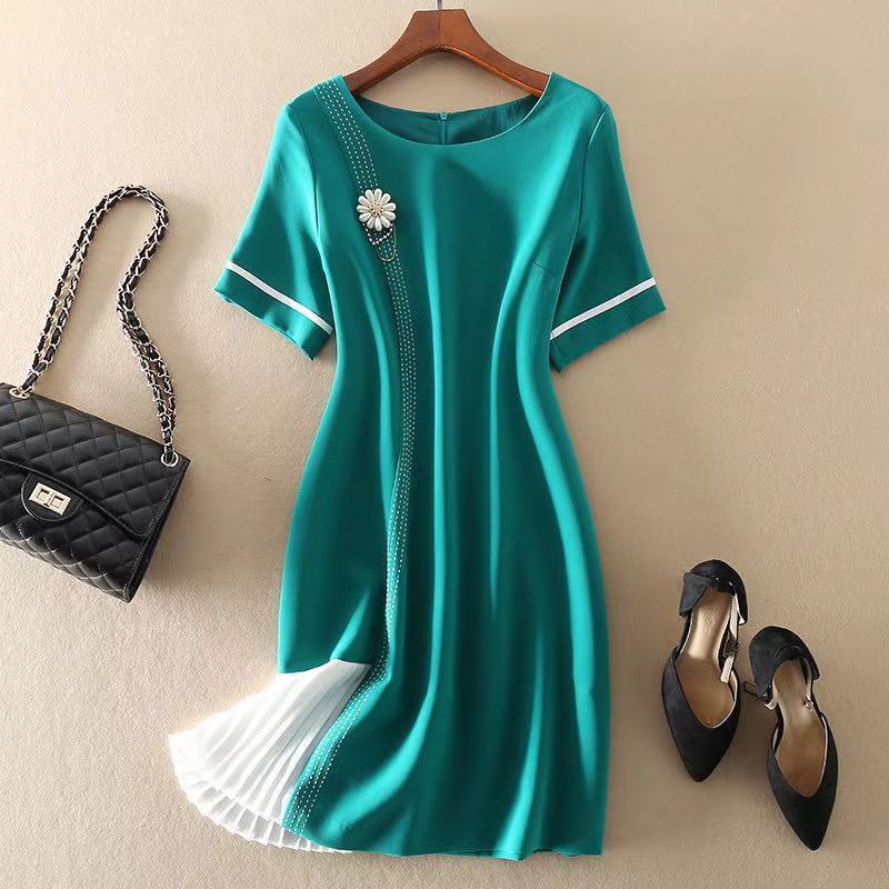Summer Women's Solid Color Dress Mid-skirt Fashion Stitching Black Dress All-match Round Neck Short Sleeves Slim Style