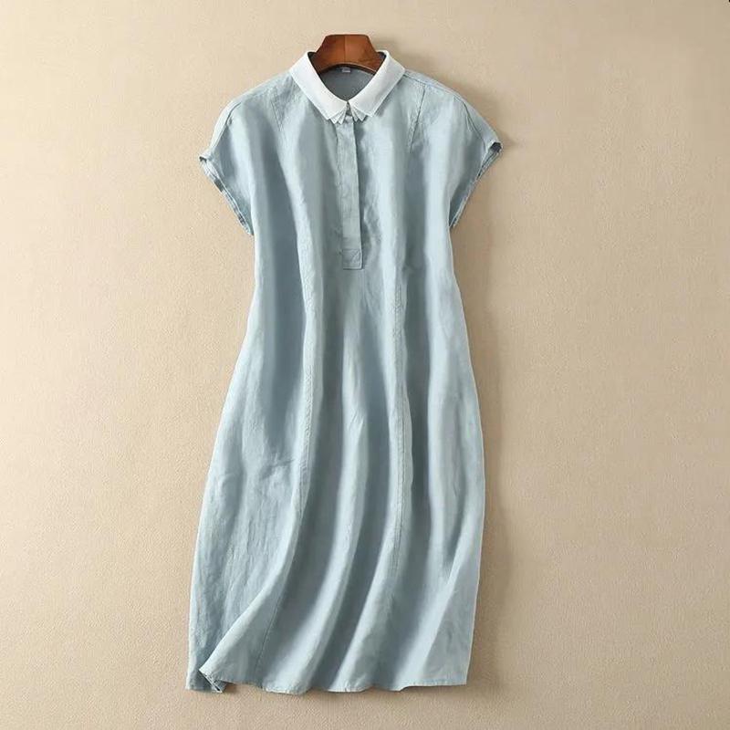Summer Women's Doll Collar Short Sleeve Mid-length Dress Solid Color Large Size Long Dress