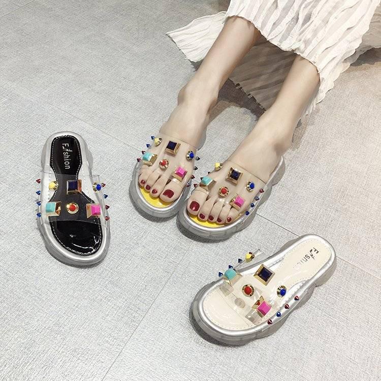 Student shoes ins slippers female crystal sole sports sandals transparent word belt colorful rivets