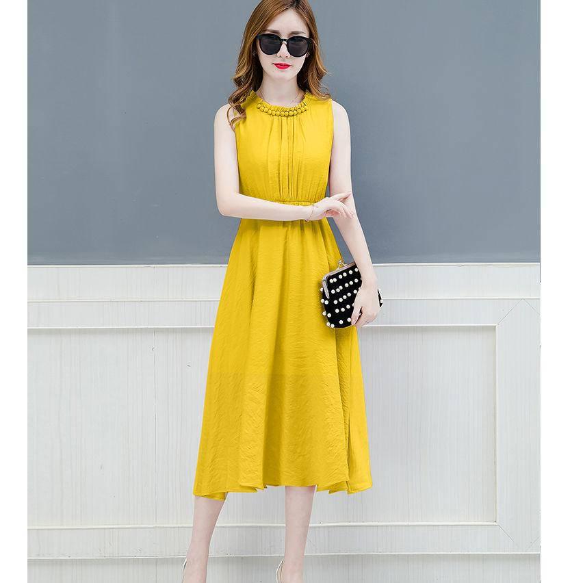 Womens Dress Summer Solid Color Pleated Chiffon Sleeveless Elasticated Belted Party Dress Womens