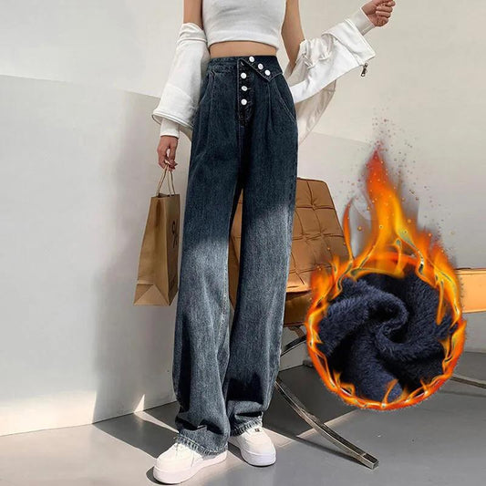 Blue Gray Plus Velvet High Waist Lepped Jeans Female Straight To Loose Design
