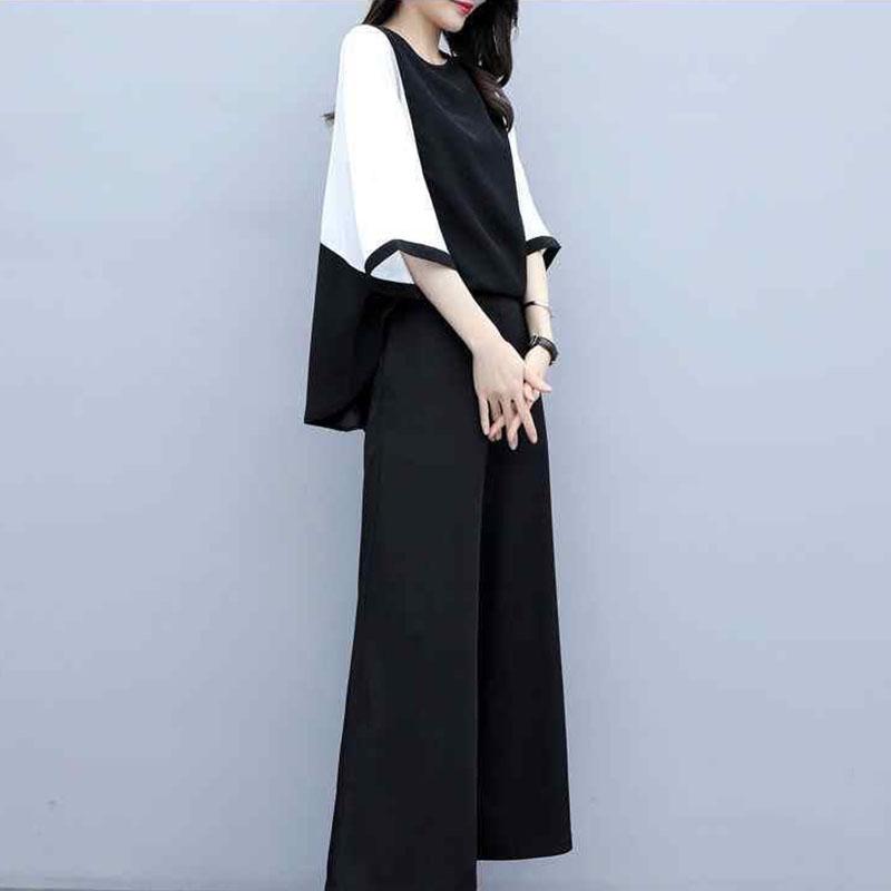Women's Spring and Summer Two-piece Trousers Stitching Loose Round Neck Blouse Wide-leg Pants Casual Suit Plus Size Women's Clothing