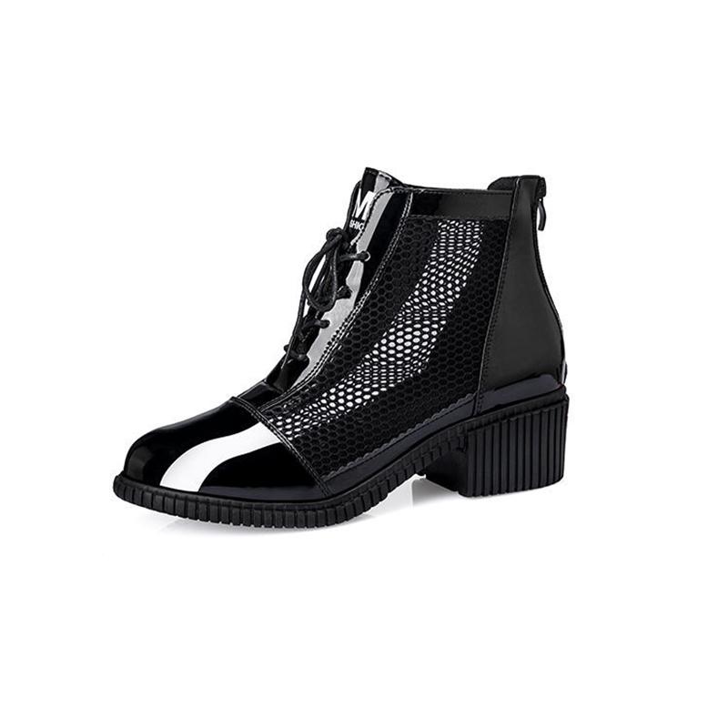 Ladies Mesh Breathable Cool Boots Spring and Autumn Middle Heel Lace Back Zipper Hollow Single Boots Thick Heel Martin Boots Women