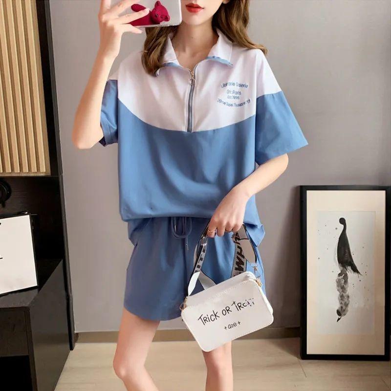 WTEMPO Casual Sportswear Women Summer Student Girls  Loose Short Sleeve Shorts Two-piece Running jogging