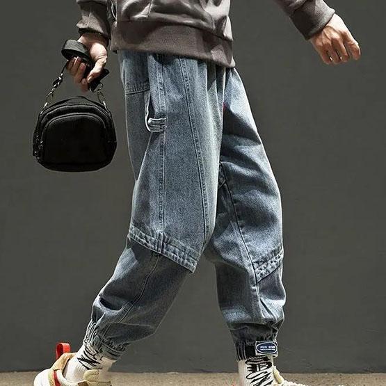 S-5XL Men's Spring and Autumn Overalls Plus Size Long Jeans Washed Loose Stitching Solid Color All-match Leggings Cropped Pants