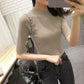 Pofulove Autumn Half-high Collar Mid Sleeve Shirt Women Five-point Sleeves Sweater Black Bottoming