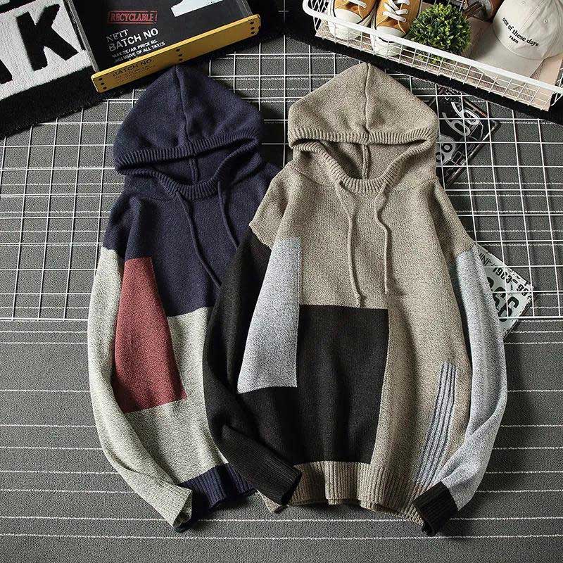 Autumn and Winter Sweater Men's Personality Color Matching Hoodie Loose Large Size Thick Sweater Warm Jacket