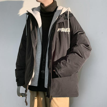 Fake Two-piece Jacket Men's Hooded Korean Version of The Trend Ins Loose Cotton Clothing Hong Kong Style Winter Casual Cotton Clothing