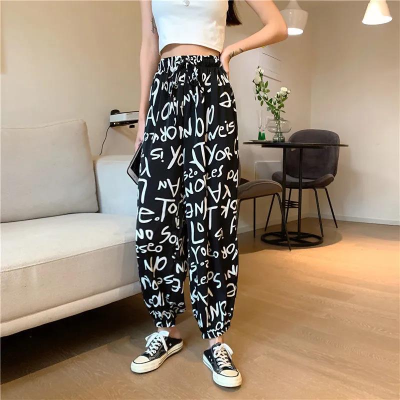 Sports Chiffon Casual Pants Women's Summer Letters Print Harlan Elastic Waist Loose Drawstring Lantern Pants