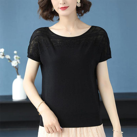 Ice Silk Sweater T-shirt Short-sleeved Women's Loose Summer Cool Set T-shirt Short Top Thin Ladies Hollow