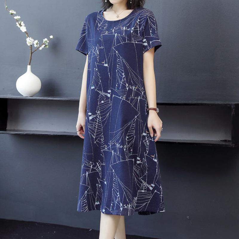 Women's Summer Plus Size Dress Loose Casual Mid-length Over-the-knee Round Neck Pocket Short-sleeved Printed Skirt