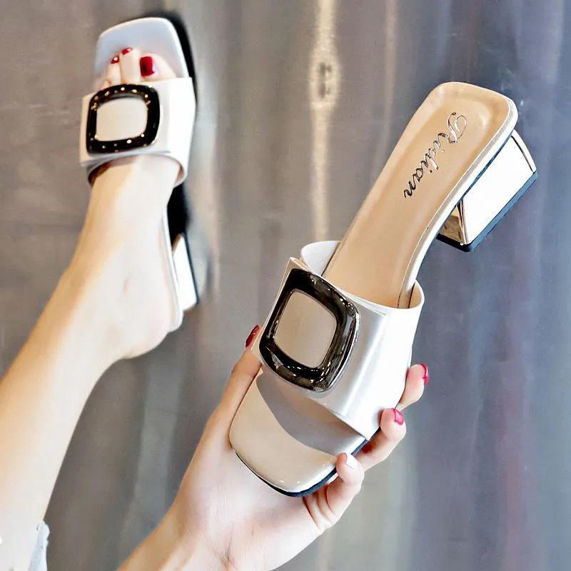 Sandals and Slippers for Women's Outer Wear Summer Fashion Thick Heels All-match High Heels Ladies Slippers Temperament Mid-heel