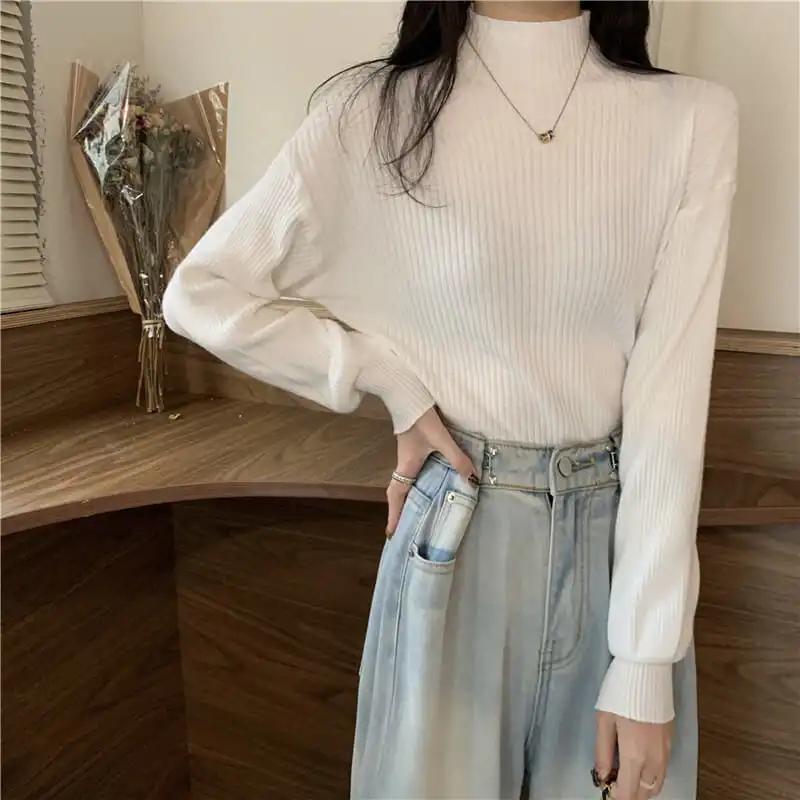 Winter Sweater Women Turtleneck Lantern Sleeve Solid Pullover Sweaters White Black Fall Fashion Knitted Tops Girl Jumpers