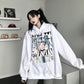 Punk Gothic Hoodies Black White Anime Printed Fashion Japanese Style Pullover Sweatshirts with Chain Girl Hip Hop Hipster Tops Fleece Thick Winter