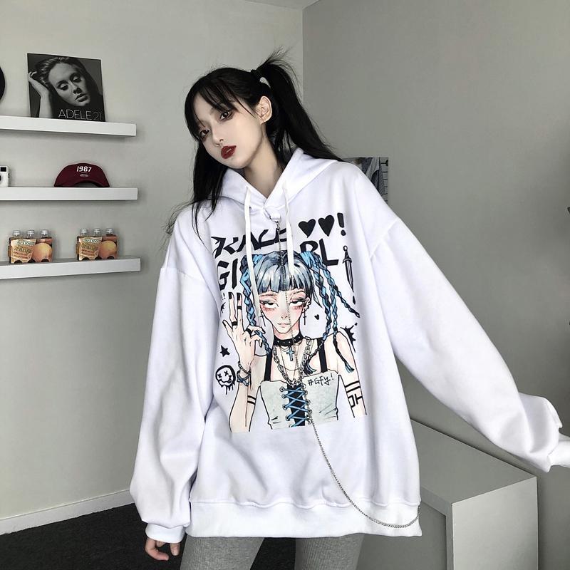 Punk Gothic Hoodies Black White Anime Printed Fashion Japanese Style Pullover Sweatshirts with Chain Girl Hip Hop Hipster Tops Fleece Thick Winter