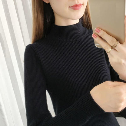 Sweater Women Half Turtleneck Pullover Fashion Pure Color Long-sleeved Slim Knitwear Top Trending Sweater Autumn Winter New