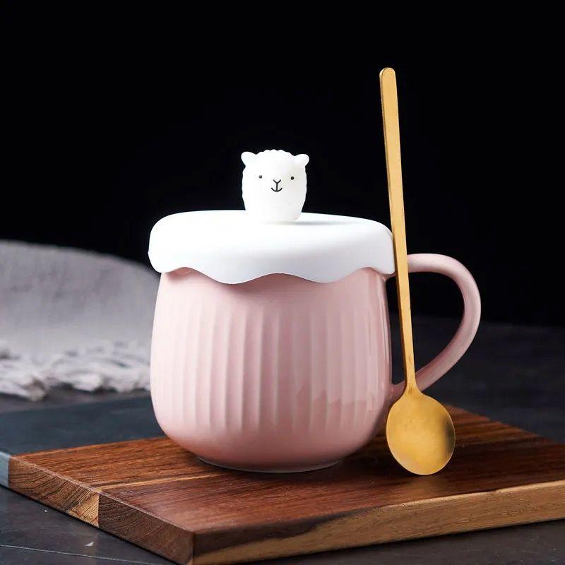 Ceramic Water Cup with Lid Spoon Cartoon Cute mugs Couple Cup Birthday Gift Coffee Cup Breakfast Cup