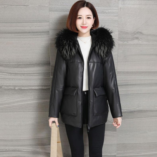 Plus Size PU Leather Jacket Women's Padded Coat Winter Mid-length Leather Parka Jacket Loose Hooded Parka Coat with Fur Collar