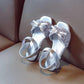 Summer Girls Flat Sandals Flash Children Girls High Heels Bow Leather Shoes Kids Princess Dance Shoes Princess Non-slip Crystal Sandals Size 26-36