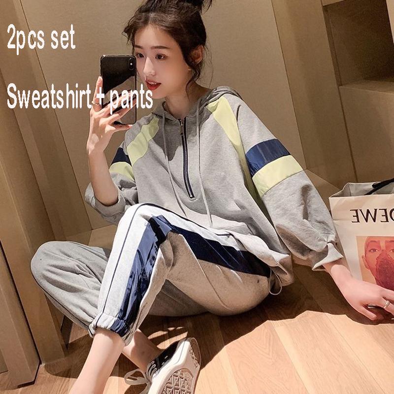 Joker Long -Sleeved Casual Sweatshirt Set Large Size Spring And Autumn Women 'S Clothing 2pcs Set