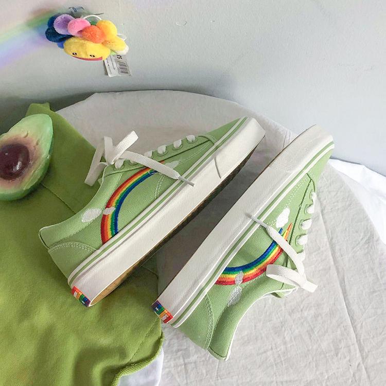 Women Vulcanized Shoes 2020 Low Top Sneakers Women Shoes Rainbow Canvas Shoes Flats Green Black Tenis Feminino Basket Femme