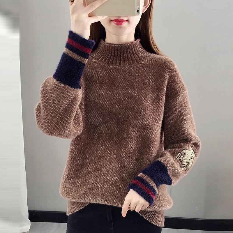Autumn and Winter Mohair Knitted Sweater Loose Half High Neck Casual Bottoming Shirt Fashion Simple Women's Sweater