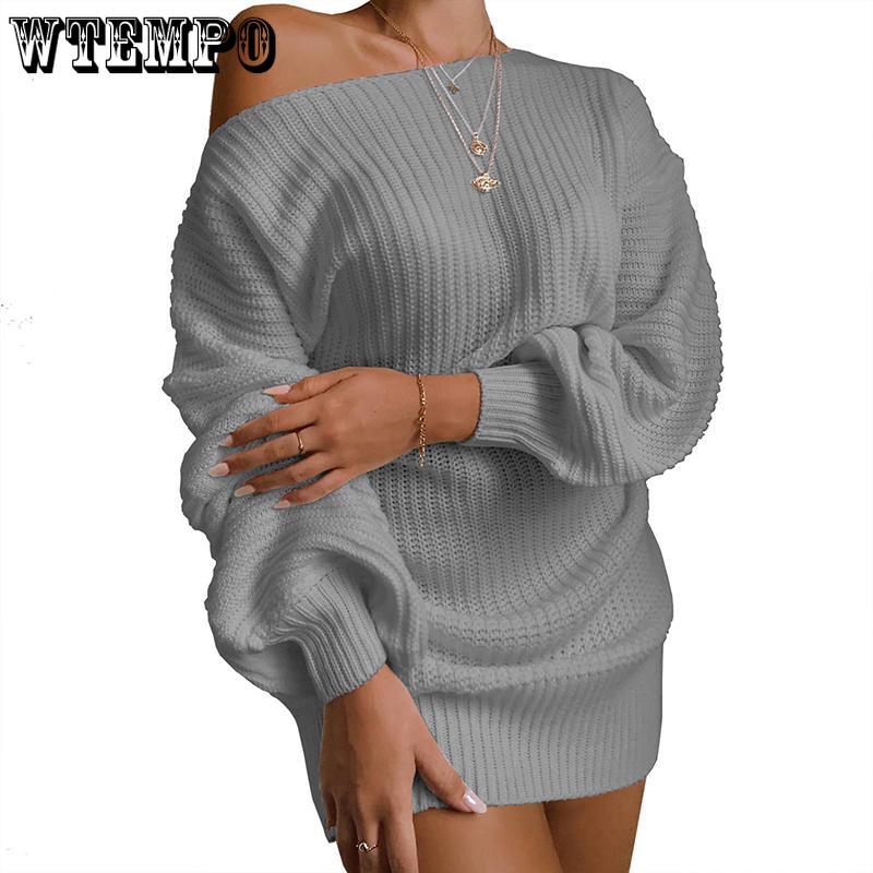 Women Loose Round Neck Sweater Woolen Dress Autumn Winter  Solid Color Knitted Sweater