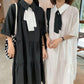 Cute Sweet Girl Bow Ruffle College Style Mid-length A-shaped Skirt Age Reduction Looser  Short Sleeve Dress