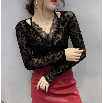 Spring Women's Slim Slim Long-sleeved V-neck Top Fashion Hollow Mesh Lace T-shirt See-through Dress