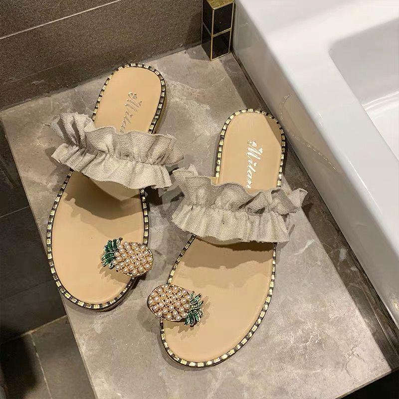 Women Flats Slippers Summer Casual Flip Flops Flowers Pearl Woman Flat Shoes 35-39 Size Comfortable Female Beach Sandals