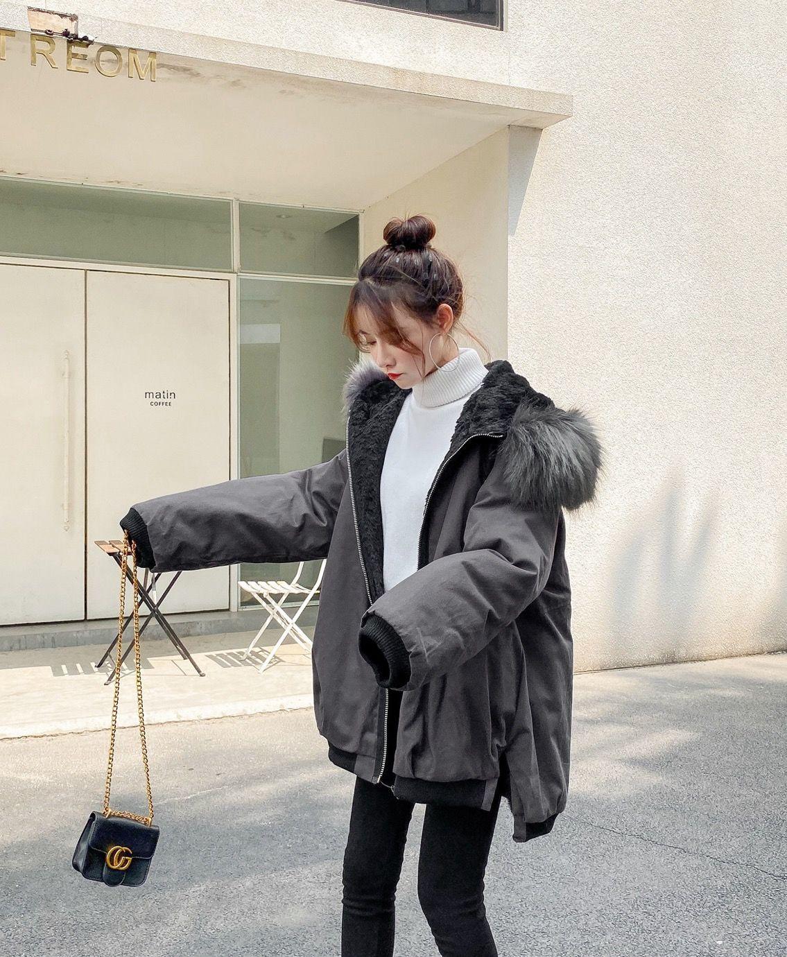 Tooling Padded Jacket Women Winter Korean Mid-length Large Fur Collar Loose BF Thick Plus Velvet Padded Jacket