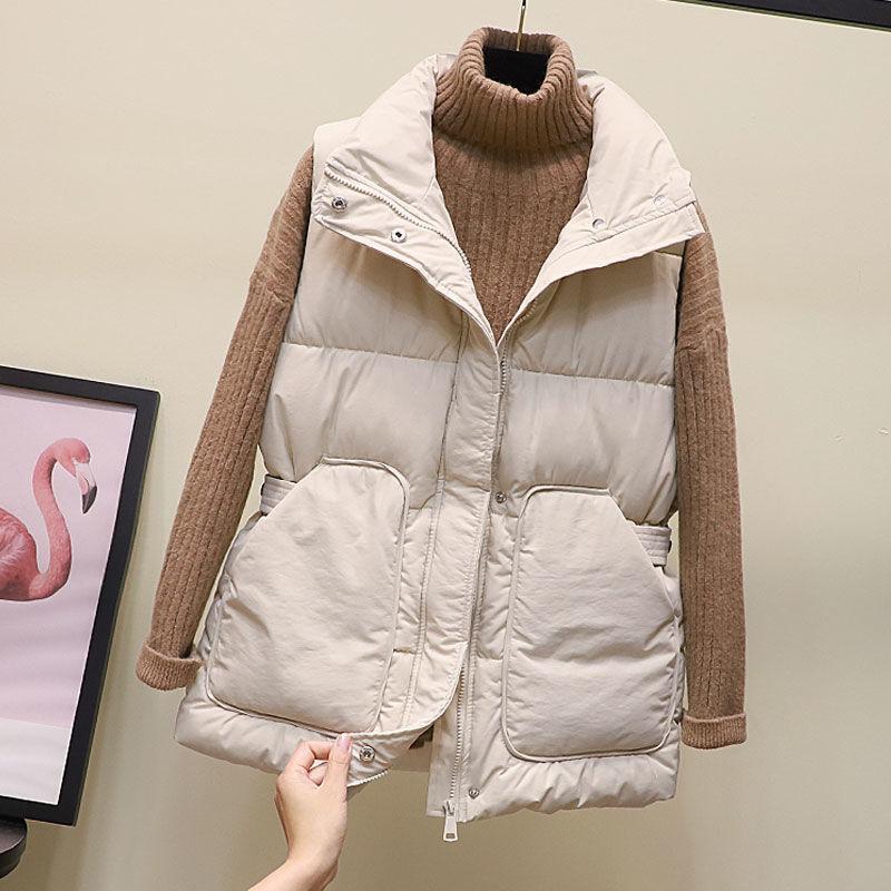 Autumn and Winter Korean Style Temperament Vest Solid Color Stand-up Collar Tie Coat Thickening Short Female Down Cotton Vest
