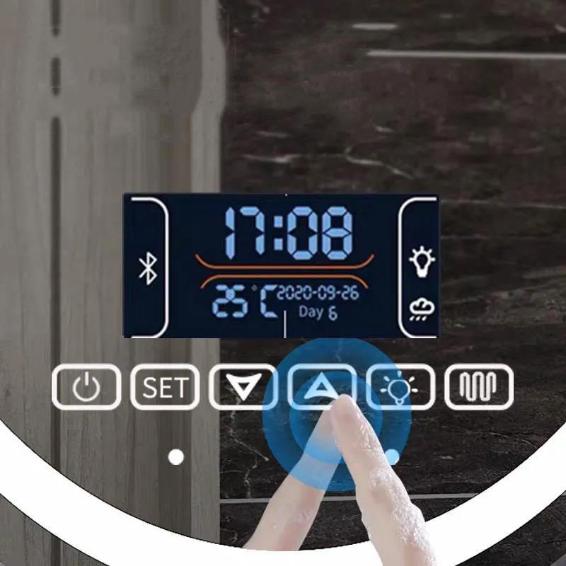 Round Mirror Wall-mounted Bathroom Mirror LED Touch Screen with Light Smart Bath Mirrors Human Body Induction Anti-fog Glow