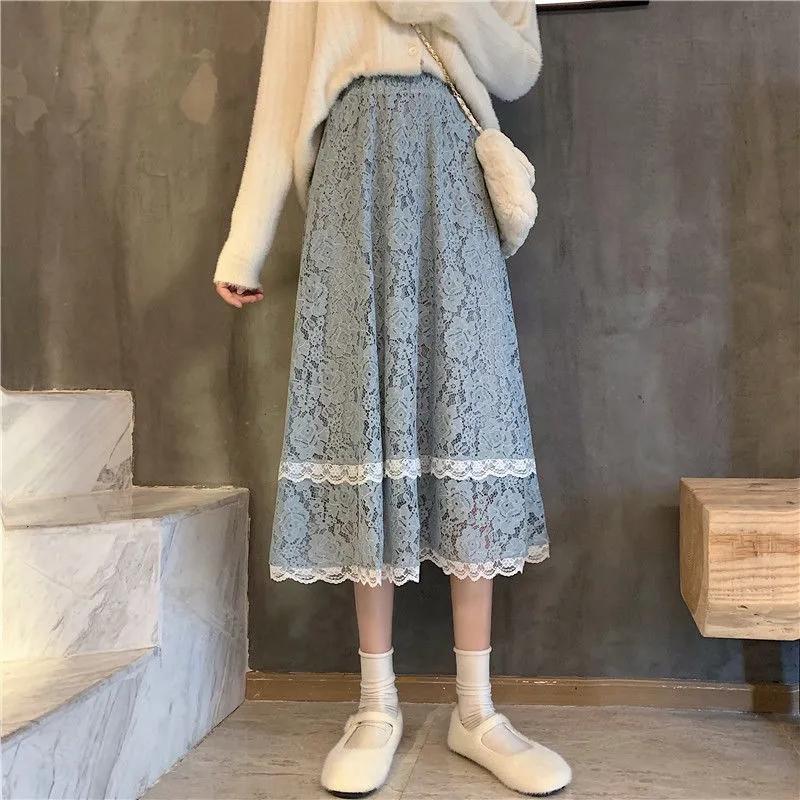 High Waist Lace Skirt Elegant Flower Embroidered Women's Summer A-line Bottoming Mid-length All-match Drape Skirt