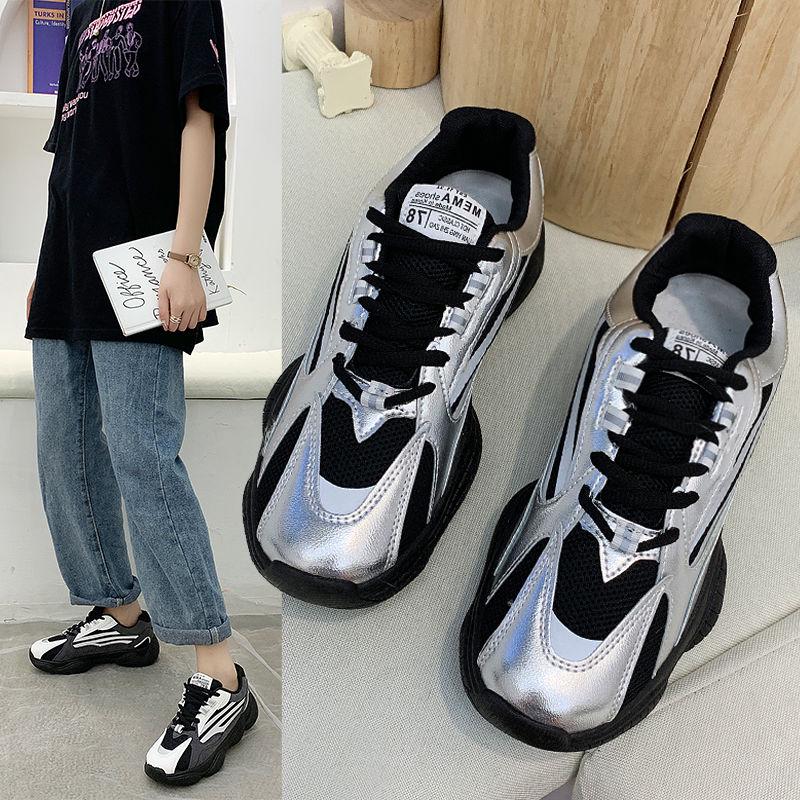 2020 Women Chunky Sneakers Designers Ulzzang Silver Lace Up Casual Vulcanized Shoes Sports Footwear