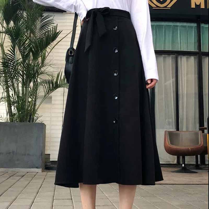 Mid-length Skirt Autumn and Winter Bow Tie Lace A-line Elastic High Waist Korean Style Slim Solid Color Buckle Large Swing Umbrella Skirt