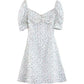 French Dress Lace Up Puff Sleeves Thin Waist Floral Midi Dress