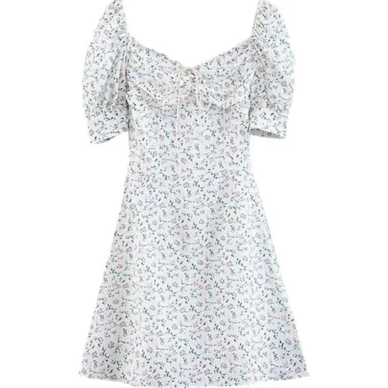 French Dress Lace Up Puff Sleeves Thin Waist Floral Midi Dress