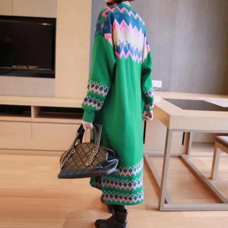 Vintage Rhombus Printed Knitted Cardigan Sweater Women Spring Autumn Oversized Knitted Jacket Loose Long Knitwear Outer Wear