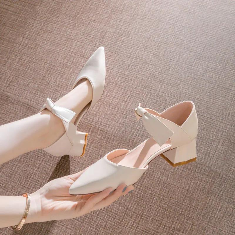 Women's Shoes Pointed Toe Hollow Bow 4.5cm High Heels Thick Heel Sexy Retro British Style High-heeled Sandals Women's High-heeled Loafers