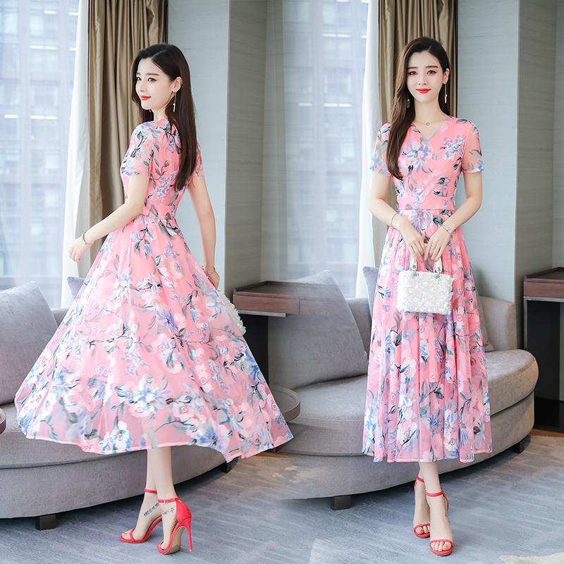 Chiffon Print Dress Summer V-neck Long Women's Thin Large Size Beach Skirt Large Skirt Elegant Temperament Dance Mid-length Skirt