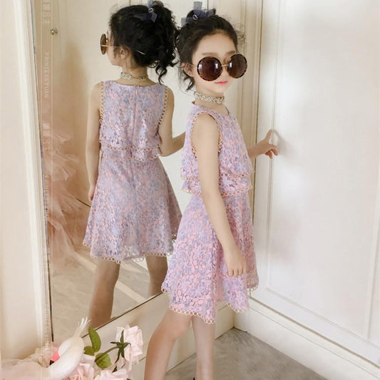 Girls' Dress Summer Broken Flowers Dress Children Net Red Girl Chinese Style Fake Two Pieces of Lace Skirt