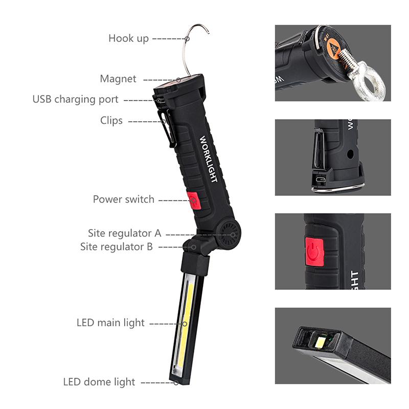 360° Folding USB Rechargeable COB Work Light LED Red Light Strong Light Emergency Flashlight Inspection Light