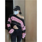 Diagonal Collar Loose Short Women Sweater Navel Contrast Stripe Long Sleeve Knit Sweater Casual Shirt