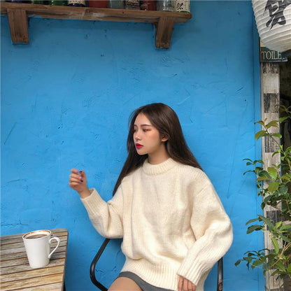 Pofulove Winter Small Fresh Solid Color Sweater Female Students Loose Long Sleeve Wind Coat