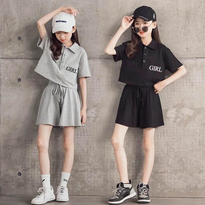Girls Summer Cotton Suit Breathable Sweat-absorbing Soft and Comfortable Short-sleeved Casual Sports T-shirt + Shorts Two-piece Set