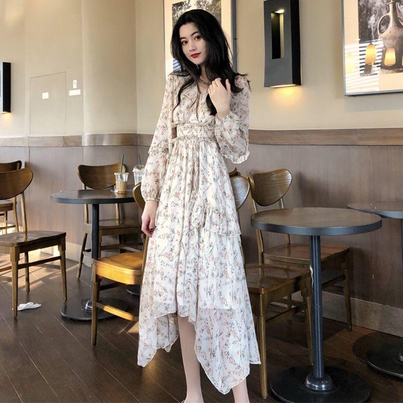 Summer Beach Maxi Dress Women Floral Print Boho Chiffon Dress Ruffles Casual V-Neck Party Dress Robe