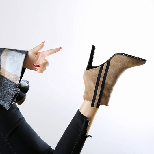 Autumn Winter Thick with High-heeled Ankle Boots Women Plus Velvet Pointed Short Boots Martin Boots